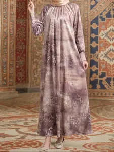 Fashion Women's Long Printed Loose Fit Belted Dress, Stand Collar, Casual Style, Perfect for Spring & Fall Seasons