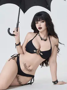 Tina Nico Gothic Grunge 2PCS Bikini Set For Women - Pentagram Hardware Accent Hollow Out Halter Swimsuit With Adjustable Tie & Side Ruched Bottom, Sexy Solid Color Bathing Suit For Music Festival Spring Break Holiday Getaway Goth Bikini Gothic
