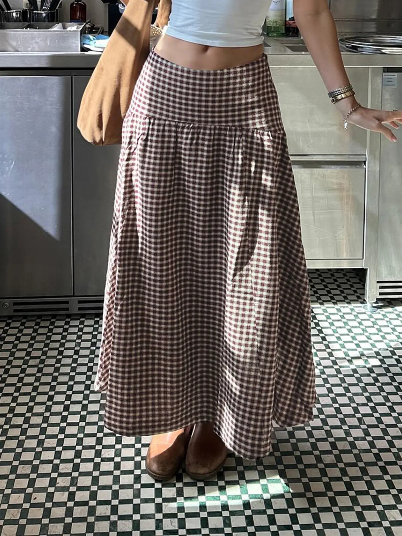 Vintage Two-Tone Plaid Print Pleated High-Waisted Long Skirt, Fashionable Skirt, Women's Harajuku Style A-Line Loose Streetwear, All Seasons, Casual Streetwear Skirt