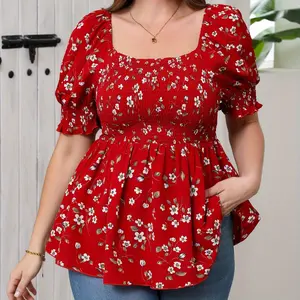 Women's plus size elegant floral print shirt summer square neck short sleeved work vacation waist cinching top