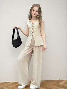 Girls' Summer Casual Sleeveless Button Vest Set, Fitted Solid Pattern Suit, Youth Fashion Wide Leg Long Pants, Ideal for Spring, Summer, Autumn