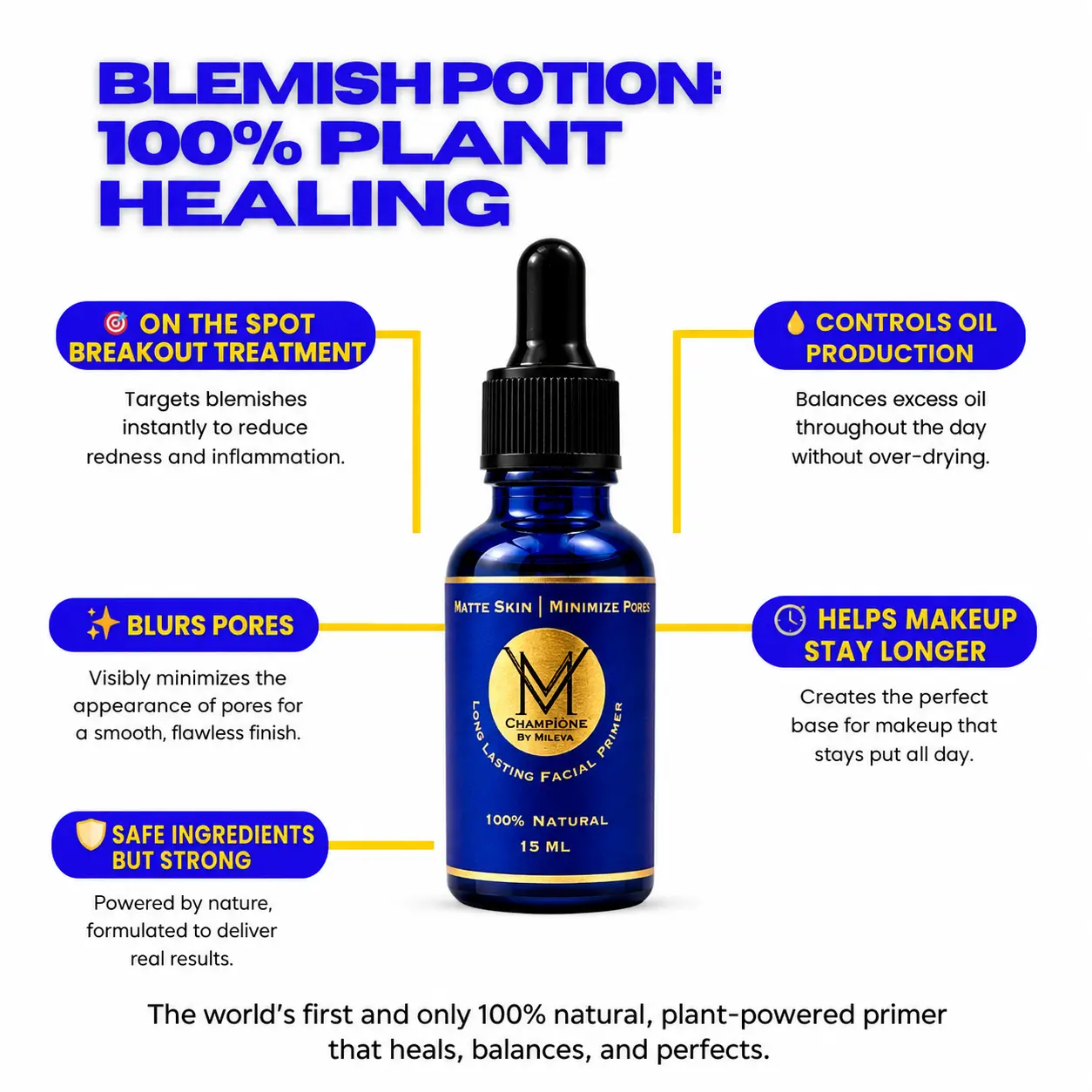 Natural Blemish Primer 15 mL Organic Safe Waterproof Long Lasting for Oily Skin Large Pores and Mid-Day Shine