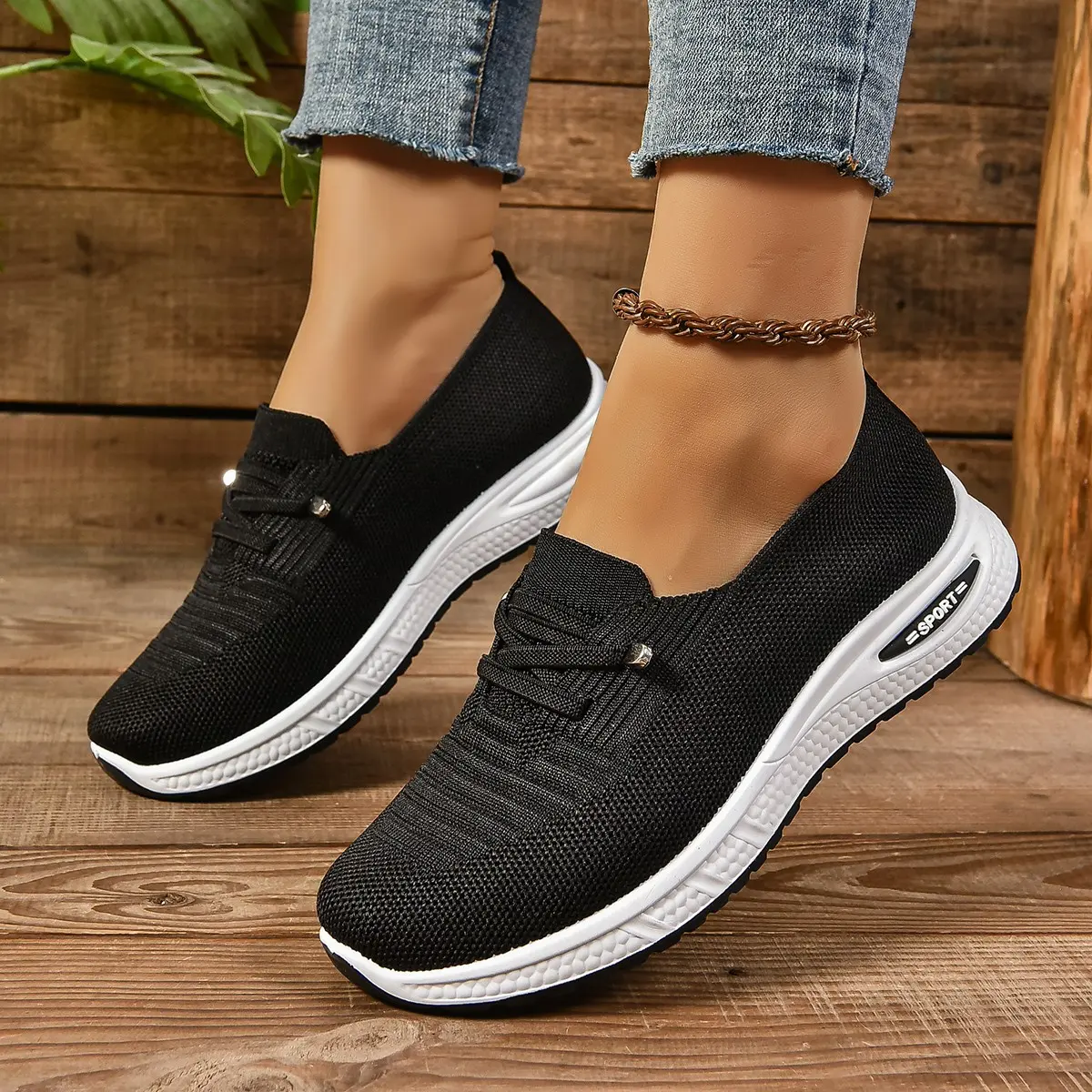 Women's Slip-On Fly-Knit Sneakers, Lightweight and Breathable for All-Day Walking with Cushioned Support and a Non-Slip Outsole, Anti Slip Shoes, Breathable Lightweight Footwear