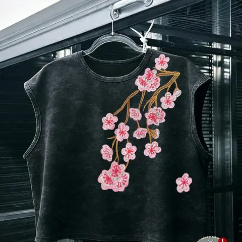 Unisex Washed Vintage Baggy Sakura Embroidery Print Sleeveless Embroidered Streetwear Tank Vest Tank Top | 100% Cotton Feel Y2K Sweet Cool High Street American Retro Streetwear