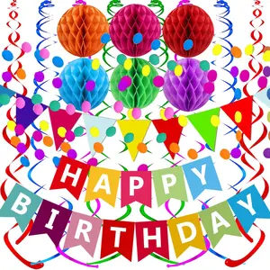 Happy Birthday Banner With Colorful Paper Flag Bunting Paper Circle Confetti Garland Swirl Streamers Honeycomb ball for Birthday Party Decorations