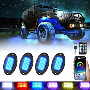 4 Pods Alloy RGB LED Rock Lights for ATV UTV RZR SUV SXS Golf Cart Trucks Car, Metal Waterproof Multicolor Underglow Kit with APP/RF Dual Remote Control Music Sync Brake Light, Neon Underbody 12V