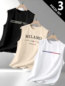 Men's Sleeveless Graphic Print Vest Set, Sporty Round Neck Design, Perfect for Daily Wear & Active Lifestyle