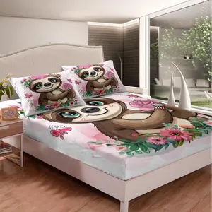 Feelyou Microfibre Cute Animal Pattern Bedding Set - Twin/Full Size Fitted Sheet, Sloth-Cartoon & Rose Floral Butterfly Design, Kids' Room Decor Bed Covers, Microfibre Material