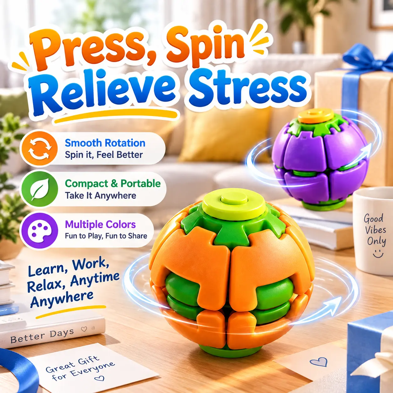 Unisex 3D Press-and-Rotate Stress Relief Ball - 360° Rotatable, Silent Desktop Toy, Smooth Touch, Focus & Relax Aid, Portable Pocket-Sized Device