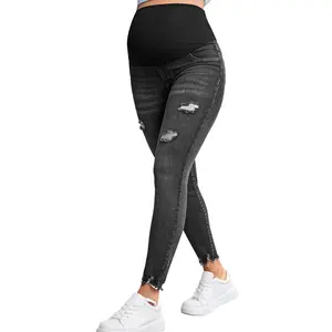 Mina Summer Thin Tight Nine-point Pants for Pregnant Women, Denim, Slimming, Ripped, Vintage, Light Gray, Suitable for Wearing Outside