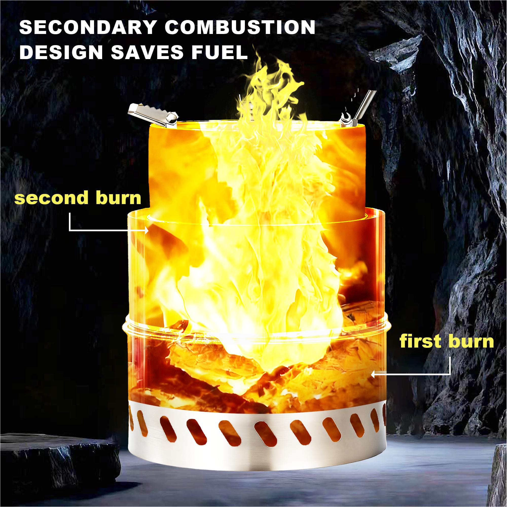 Portable Camping Stove, Stainless Steel Wood Burning Camp Stove with Secondary Combustion, Foldable Backpacking Stove for Outdoor Hiking, Picnic, BBQ, Compatible with Firewood & Wood Pellets, Easy to Assemble & Carry