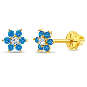 14k Gold Cubic Zirconia Flower Baby / Toddler / Kids Earrings Safety Screw Back