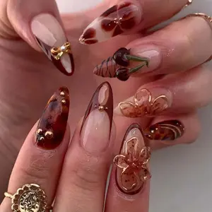 24 Pcs 3D Tortoiseshell Almond Shape Nails, Cherry Blossom Theme Design, Gold Beads, Bow & Accents Decor, Glossy Reusable False Nails, Nail Accessories, Y2K Style, Party & Daily Wear