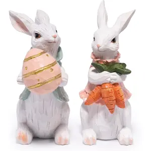 Hodao Easter Bunny Figurines Set of 2, Hand-Painted Resin Rabbits Holding Egg and Carrot, Rustic Farmhouse Spring Tabletop Decor, Cute Easter Decorations Gift for Home, Shelf, Mantel