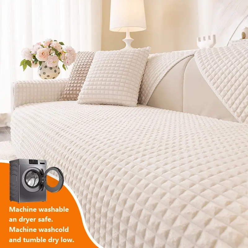 1pc Plush Sofa Cover, Pet Friendly Non-Slip Soft Sofa Protector, Polyester for Chaise Lounge, Versatile Luxury in Checkered Design