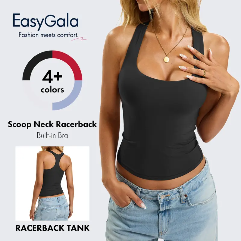 EasyGala Women's Padded Racerback Tank Tops - Double Lined, Built-in Bra Cami, Sleeveless, Backless, Scoop Neck, Halter, Y2 Style, Smooth Fabric, Basic Fitted - Summer Fashion for Workout, Going Out - Pair with Beach Skirts, sohochic