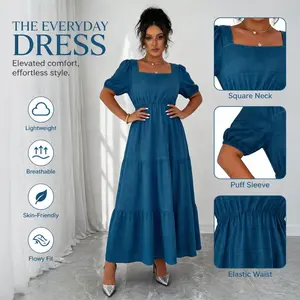 Rosette&Co Plus Size Women's Solid Color Short Sleeve Dress Square Neck Puff Sleeves Tiered Maxi Length Flowy Ruffle Layers Beach Vacation Sundress for Summer Brunch Outfit Set - Blue, Womenswear, Fabric,
