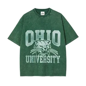 Vintage Washed Ohio University Bobcats Oversized T-Shirt | Green Acid-Washed College Graphic Tee | Retro Game Day Streetwear Casual Top
