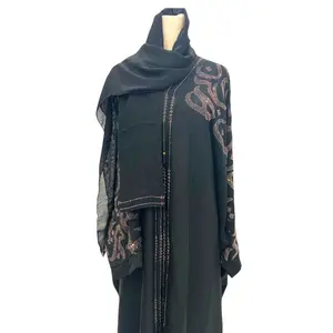 Khayrat Abaya - Kaftan Styled Abaya with Hijab Featuring Stone Work on Sleeves Shoulder & Front Design