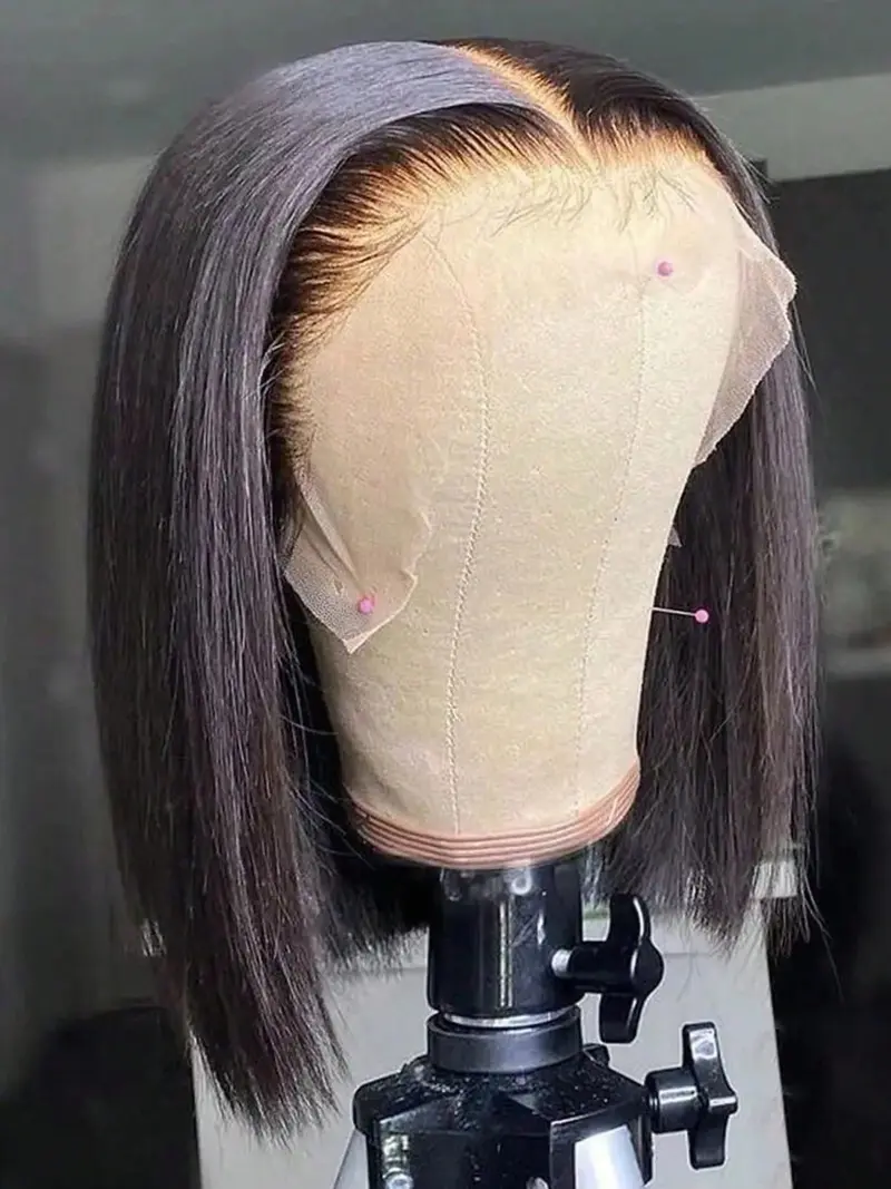 Women's Short Bob Wig Human Hair 13x4 Lace Front, Natural Color, Pre-Bound Roots with Small Bangs, Straight Style, Real Hair Wig Blunt Cut Wig