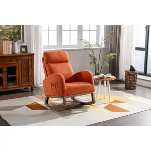 【GOOGREAT】COOLMORE Rocking Chair, Modern Glider Chair, Recliner Armchair with Wood Legs and Side Pocket, Nursery Rocking Accent Chair with High Back for Living Room Bedroom (Orange linen)