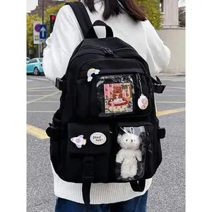 Casual Lightweight Patch Cute Bear Decoration Backpacks, Water Resistant Backpack, Waterproof Backpack, 2025 New Style Large Capacity Campus Student Plain Fresh Style Girls Backpack As Gift, Fall Outfits, Fall Freshness