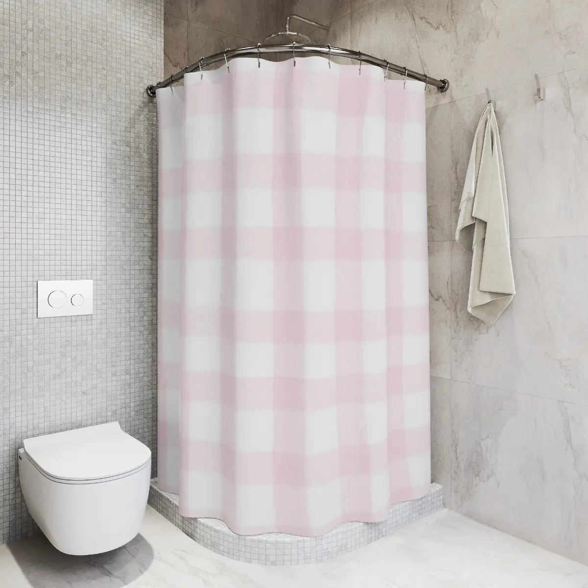 Baby Pink Gingham Polyester Shower Curtain