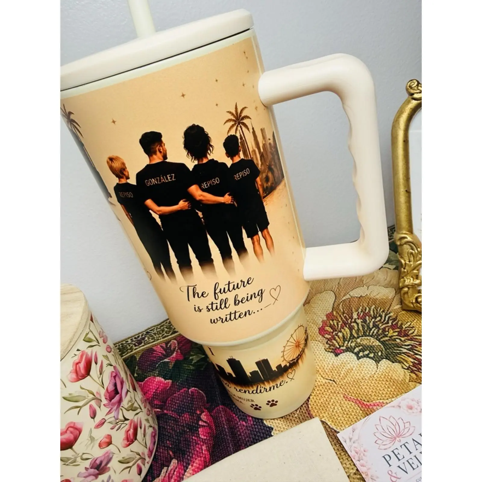 Custom 40oz Matte Cream Tumbler with Handle Personalized Sublimation Gift for Unique Present Ideas
