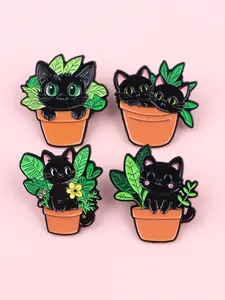 4pcs/set Cartoon Flowerpot Probe Cat Enamel Brooch, Creative Cute Design Animal Emblem, Personalized Clothing Accessories, Perfect Gift For Friends&Colleagues