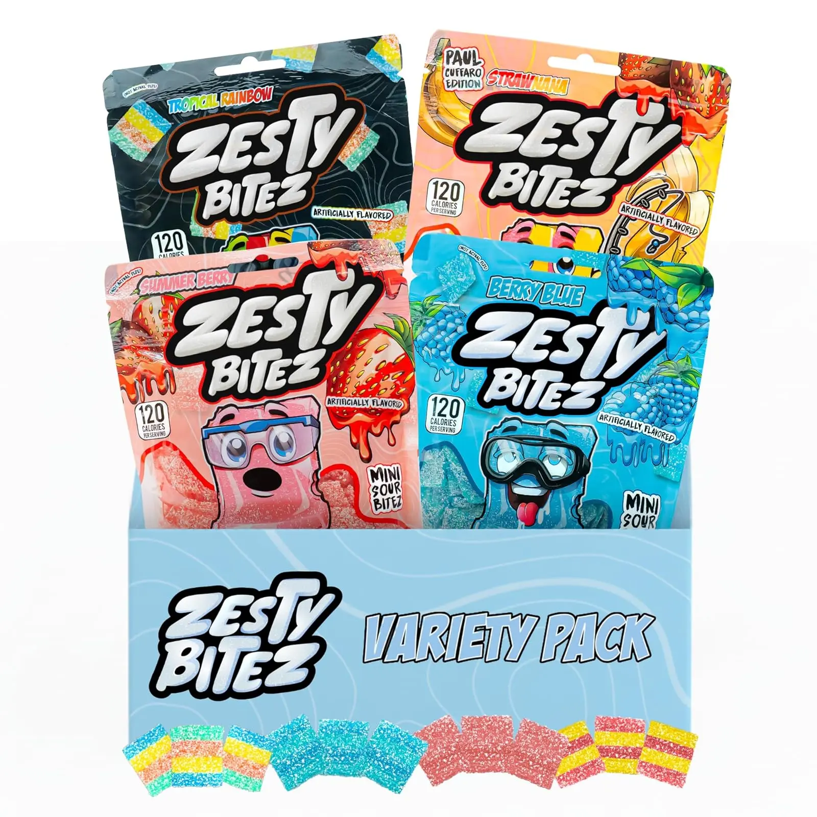 Zesty Bitez Variety Sour Candy Strips Bites | Bite-Sized Sour Belts Candy | Vegan Gummy Candy Bulk Pack - Tropical Rainbow Blue Raspberry, Summer Berry & Strawberry Sour Gummies | 4 Resealable Bags