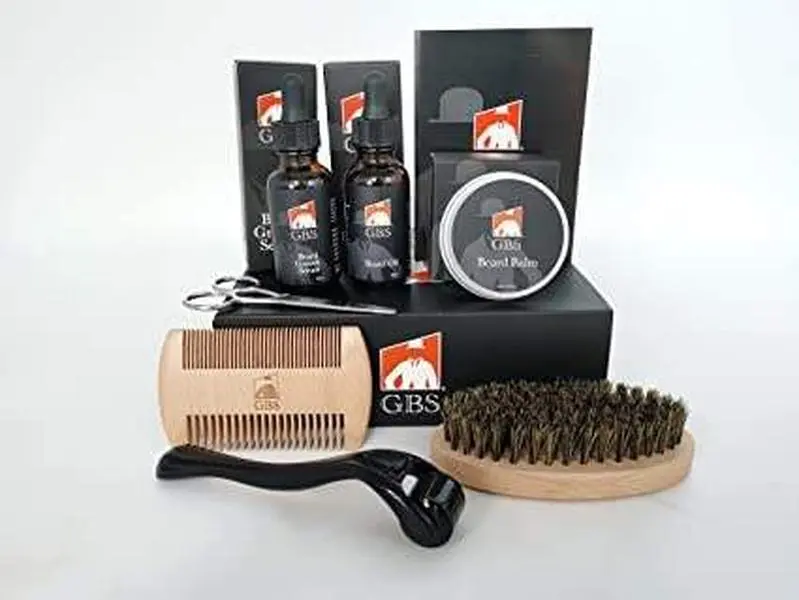 G.B.S Beard Growth Kit with Beard Roller, Oil and Growth Serum, Balm, Elegance Soft Tame Brush, Wooden Comb, Stainless Steel Scissors Daily Hair Care Nourishing Comfort