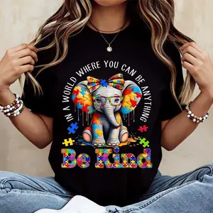 Elephant With Puzzle Pieces And Be Kind Print T Shirt Crew Neck Casual Wear For Women And Girls