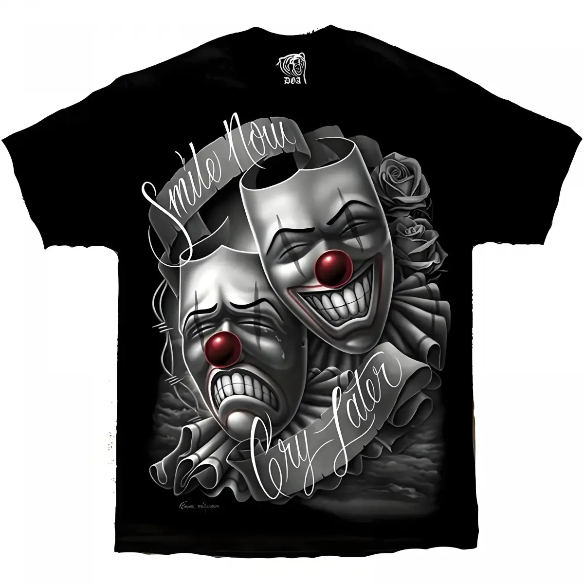 Men's 100% Premium Pre-Shrunk Cotton Crew Neck Tshirt - Boxy, Relaxed, Drape Fit - Casual Streetwear Top with Lowrider Chicano Art Smile Now Cry Later Graphic - Vintage Inspired Black Oversized Comfortable Tee for Outdoor Use, Relaxed Fit, Shortsleeve, Ro