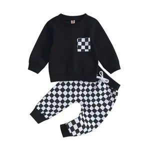 Toddler Boys 2PCS Pants Sets Long Sleeve Sweatshirt Tops and Checkerboard Print Drawstring Pants Sets 0 6 12 18 24 Months 2-3 Years Old Kids