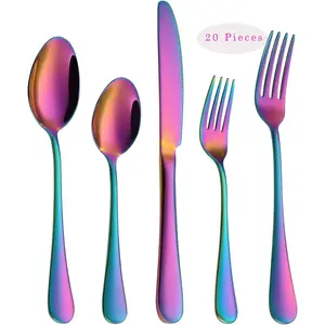 Rainbow Cutlery Silverware Set 20 Pieces, Stainless Steel Colorful Tableware Set Service for 4, Include Knife/Fork/Spoon, Reusable, Dishwasher Safe