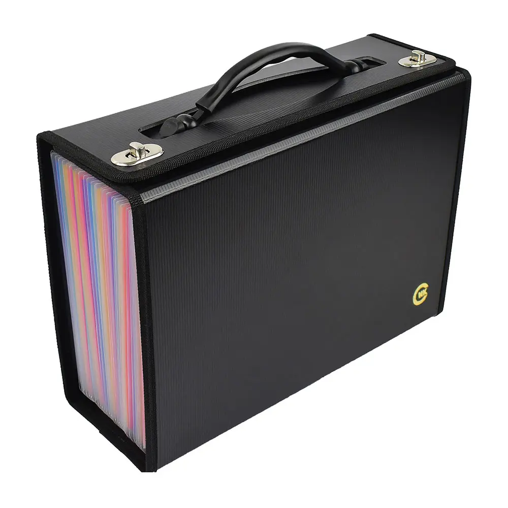 CNK Accordion File Organizer 24 Pockets Expanding Expandable File Folders Document Letter, A4 File Box Durable Handle Business, Office, School Home- Black with Color Pocket