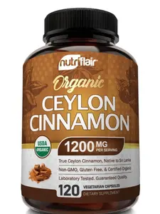 NutriFlair Organic Ceylon Cinnamon 1200mg, Blood Sugar, Joint & Heart Health Aid Supplement, Natural Dairy-Free & Vegan-Friendly - 120 Capsules