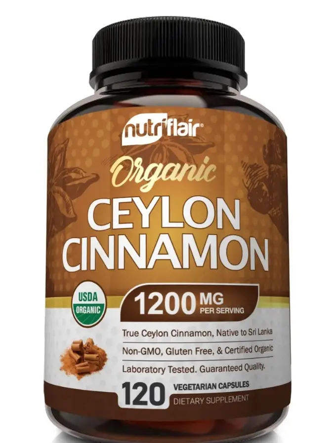 NutriFlair Organic Ceylon Cinnamon 1200mg, Blood Sugar, Joint & Heart Health Aid Supplement, Natural Dairy-Free & Vegan-Friendly - 120 Capsules