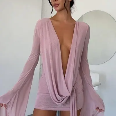 embellished extreme cowl neck halter mini dress in hot pink RAQUEL