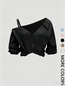 Women's Asymmetrical Off-Shoulder Halter Top, V-Neck Button Front Textured Seven-Eighth Lantern Sleeve Loose Shirt, Breathable Lightweight Daily Wear
