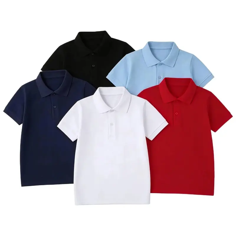 Kids' 5-Pack Short-Sleeve Stretch Fabric Polo Shirts, All-Season Solid Colors School Wear Uniforms, Ideal for Daily Wear & Sports