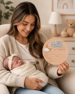 Newborn Photography Prop Wooden Baby Name Sign - Hello World Baby Birth Announcement Board, Infant Party Easter Gift, Milestone Keepsake Nursery Decor for Baby Boy Baby Girl Unisex
