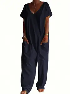 American High Street Casual V Neck Short Sleeve Jumpsuit, Loose Fit Harem Pants, Breathable Conceal Fat Design, Women's Home Wear, All Seasons