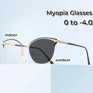 Retro Anti Blue Photochromic Light Near Sight Glasses Large Frame Color Changing Glasses Personalized Cat Eye Myopia Glasses