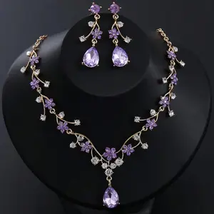 3Pcs Vintage Plum Purple Rhinestone Jewelry Set, Necklace & Earrings for Brides & Bridesmaids, Ideal for Weddings, Dinners & Holiday Gifts