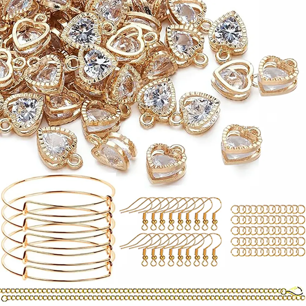 304 heart-shaped pendant set, including 60 heart-shaped pendants, 10 adjustable bracelets, 50 ear hooks, 4 necklaces, and 180 jump ring jewelry making DIY necklaces, bracelets, earrings, accessories, Valentine's Day gifts, weddings