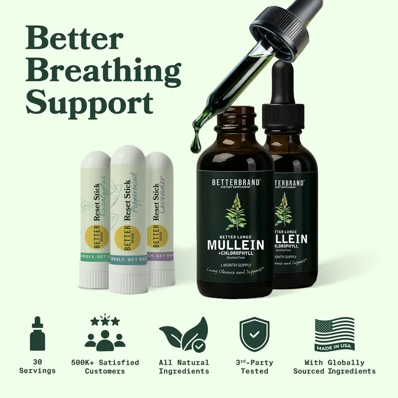 Betterbrand Breathing Support Bundle | Nasal Reset Sticks & (2) Mullein and Chlorophyll Tinctures Bundle to Quit Bad Habits | Lung Detox and Cessation Bundle
