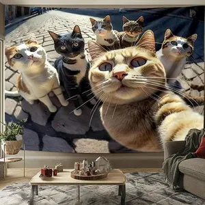 Cat Pattern Tapestry, 1 Count Boho Style Wall Hanging Decor, Wall Art for Home Living Room Bedroom Study Room, Black