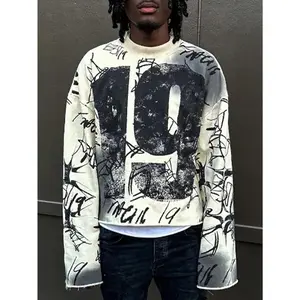 BIGWIG Y2K Men's Long Sleeve Shirt with Bold 19 Letter Print and Artistic Graffiti Design - Streetwear-Inspired Casual Top with Oversized Sleeves, Trendy and Comfortable for Everyday Style
