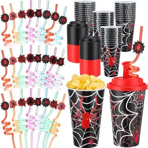 16 Set Spider Party Favors Goodie Cups with Lids and Straws for Birthday Decorations  16oz Plastic Candy Cups Plastic Straws for Birthday Party (Spider)